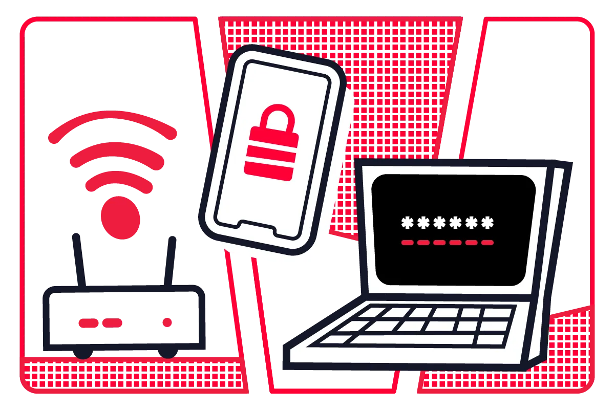 An illustration featuring a Wi-Fi router, a smartphone showing a lock, and an open laptop with hidden password characters.